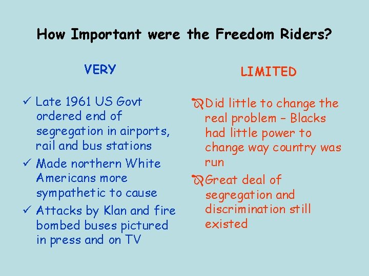 How Important were the Freedom Riders? VERY LIMITED ü Late 1961 US Govt ordered
