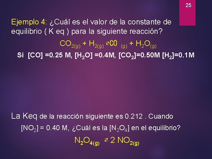 25 Ejemplo 4: ¿Cuál es el valor de la constante de equilibrio ( K