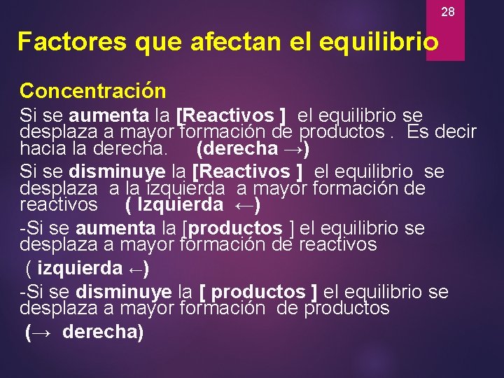 28 Factores que afectan el equilibrio Concentración Si se aumenta la [Reactivos ] el