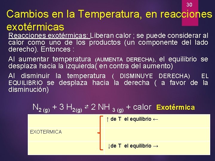 30 Cambios en la Temperatura, en reacciones exotérmicas Reacciones exotérmicas: Liberan calor ; se