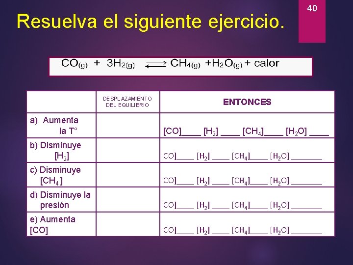 Resuelva el siguiente ejercicio. DESPLAZAMIENTO DEL EQUILIBRIO 40 ENTONCES a) Aumenta la T° [CO]____