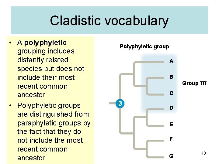 Cladistic vocabulary • A polyphyletic grouping includes distantly related species but does not include