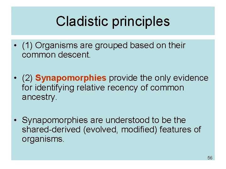 Cladistic principles • (1) Organisms are grouped based on their common descent. • (2)