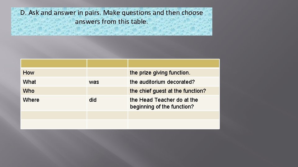 D. Ask and answer in pairs. Make questions and then choose answers from this