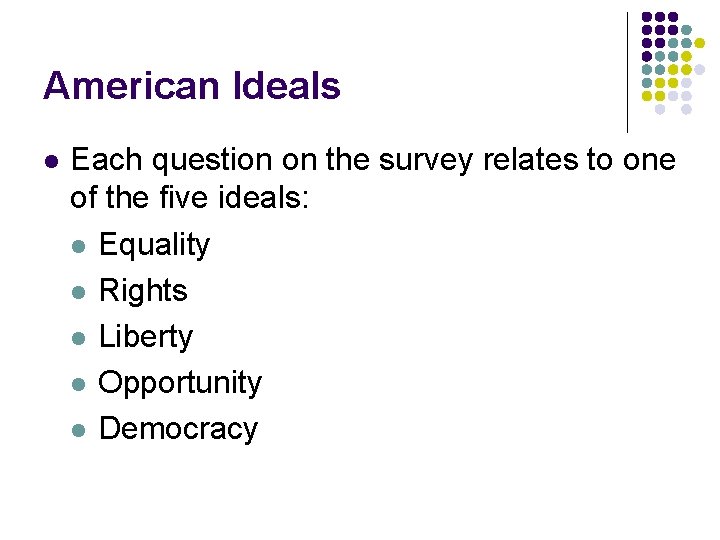 American Ideals l Each question on the survey relates to one of the five