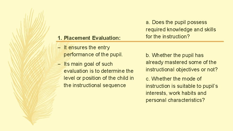 1. Placement Evaluation: – It ensures the entry performance of the pupil. – Its 1. Placement Evaluation: – It ensures the entry performance of the pupil. – Its