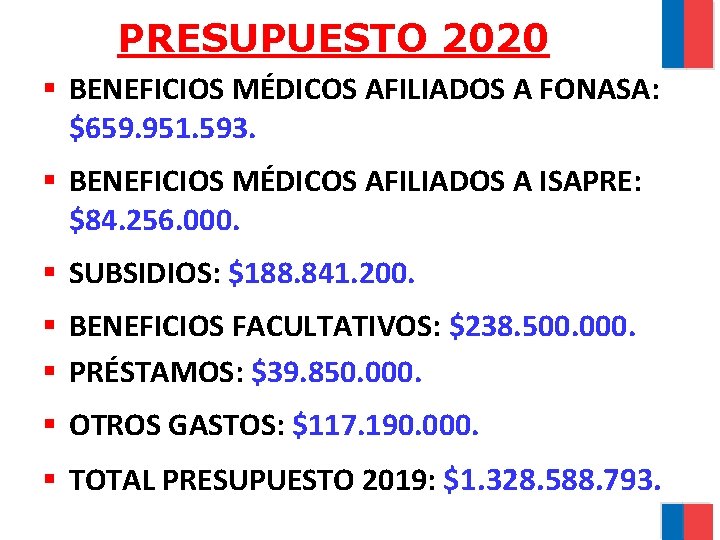 PRESUPUESTO 2020 § BENEFICIOS MÉDICOS AFILIADOS A FONASA: $659. 951. 593. § BENEFICIOS MÉDICOS