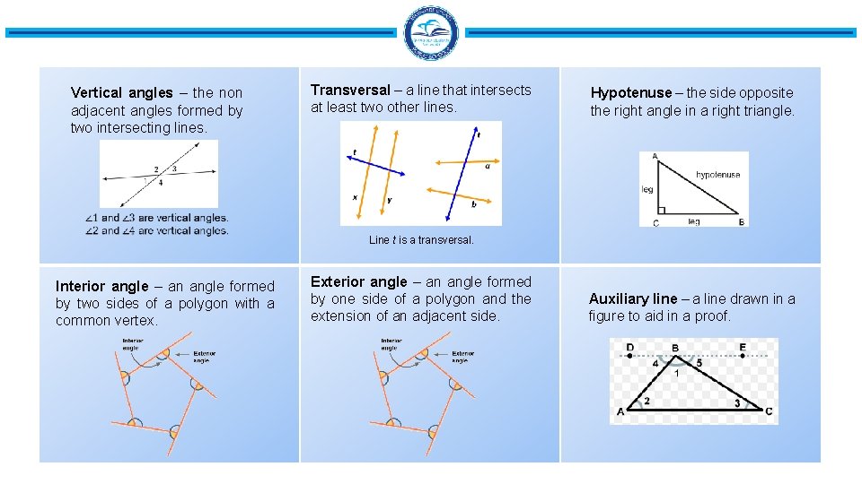 Vertical angles – the non adjacent angles formed by two intersecting lines. Transversal –