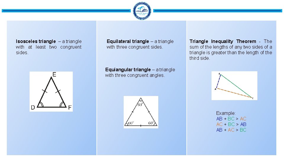 Isosceles triangle – a triangle with at least two congruent sides. Equilateral triangle –