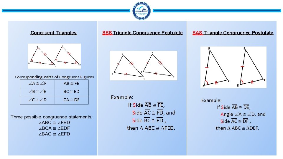 Congruent Triangles SSS Triangle Congruence Postulate SAS Triangle Congruence Postulate 