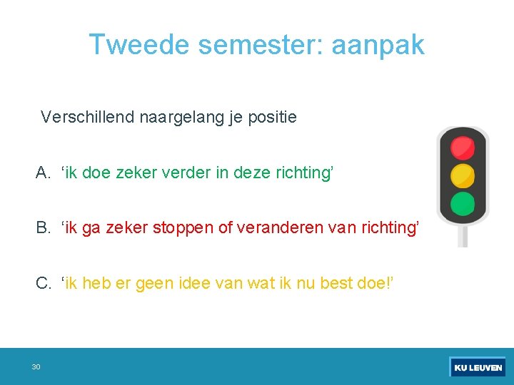 Tweede semester: aanpak Verschillend naargelang je positie A. ‘ik doe zeker verder in deze