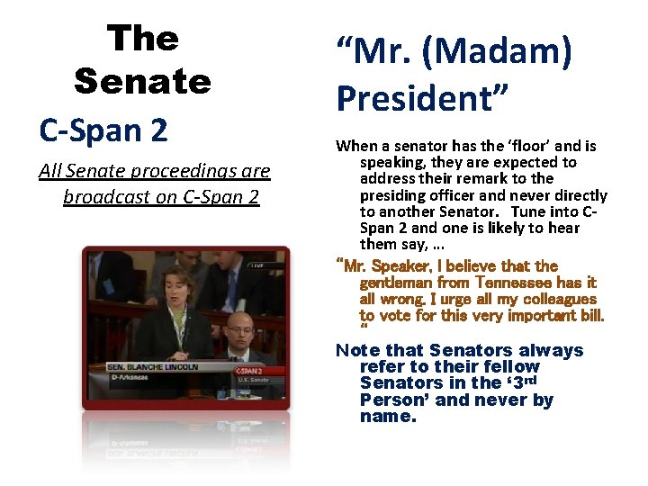 The Senate C-Span 2 All Senate proceedings are broadcast on C-Span 2 “Mr. (Madam)