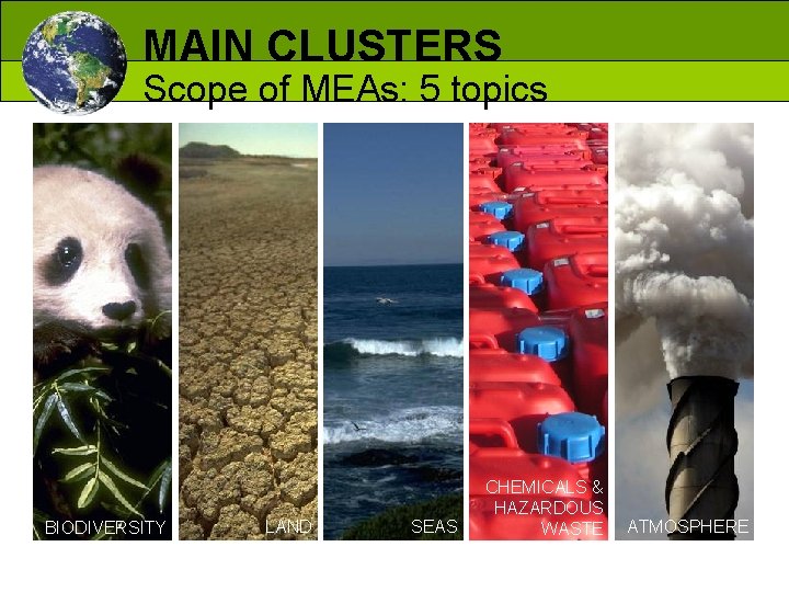 MAIN CLUSTERS Scope of MEAs: 5 topics BIODIVERSITY LAND SEAS CHEMICALS & HAZARDOUS WASTE