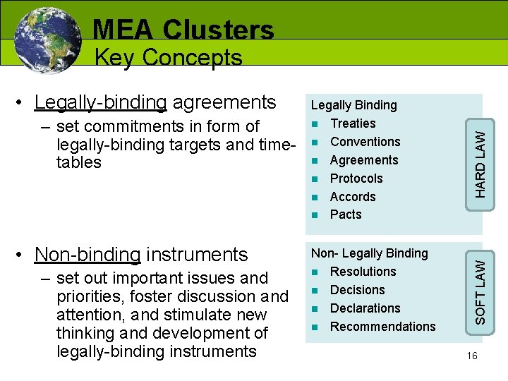 MEA Clusters – set commitments in form of legally-binding targets and timetables • Non-binding