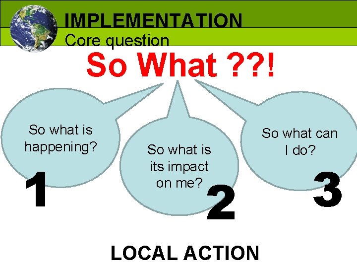 IMPLEMENTATION Core question So What ? ? ! So what is happening? 1 So