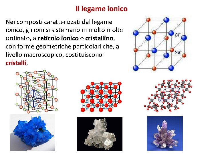 Il legame ionico Nei composti caratterizzati dal legame ionico, gli ioni si sistemano in