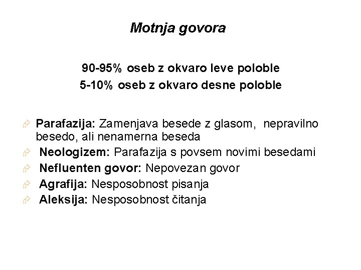 Motnja govora 90 -95% oseb z okvaro leve poloble 5 -10% oseb z okvaro