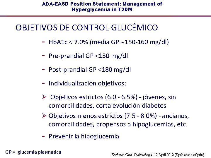 ADA-EASD Position Statement: Management of Hyperglycemia in T 2 DM OBJETIVOS DE CONTROL GLUCÉMICO