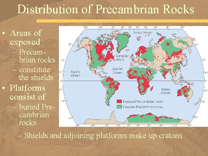 Distribution of Precambrian Rocks • Areas of exposed – Precambrian rocks – constitute the