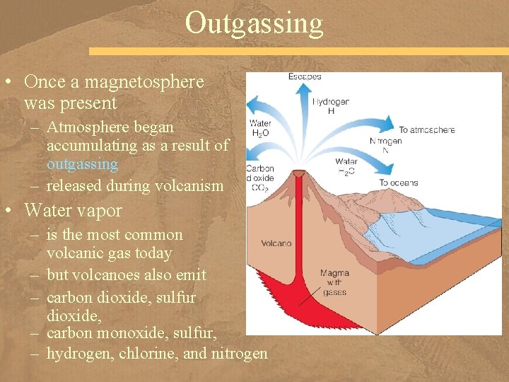 Outgassing • Once a magnetosphere was present – Atmosphere began accumulating as a result