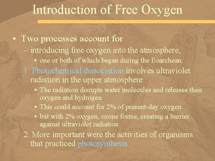 Introduction of Free Oxygen • Two processes account for – introducing free oxygen into