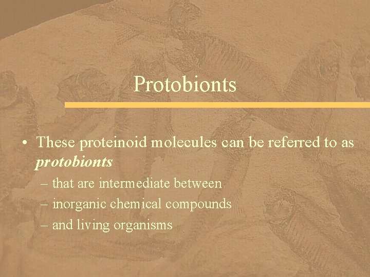 Protobionts • These proteinoid molecules can be referred to as protobionts – that are