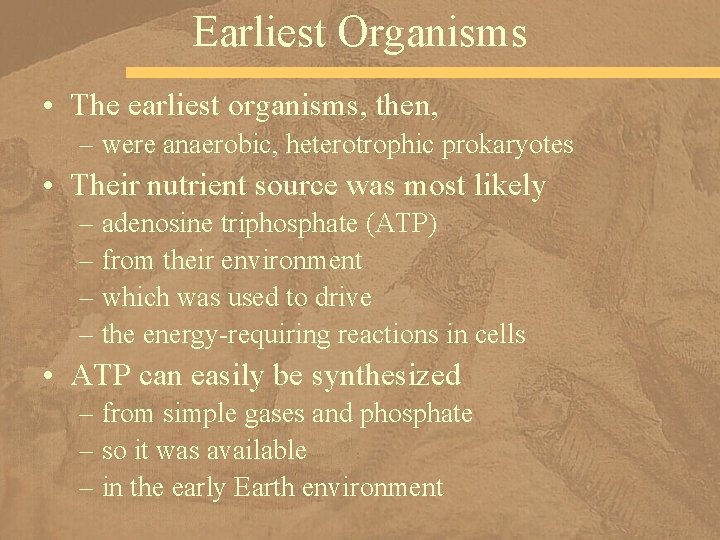 Earliest Organisms • The earliest organisms, then, – were anaerobic, heterotrophic prokaryotes • Their