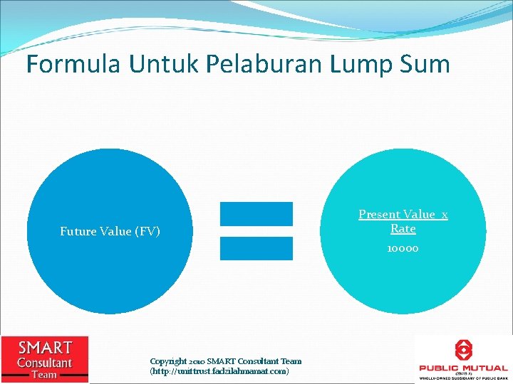 Formula Untuk Pelaburan Lump Sum Future Value (FV) Copyright 2010 SMART Consultant Team (http: