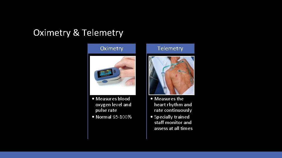 Oximetry & Telemetry Oximetry Telemetry • Measures blood oxygen level and pulse rate •