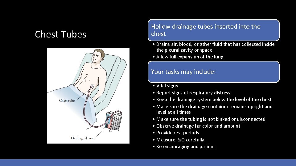 Chest Tubes Hollow drainage tubes inserted into the chest • Drains air, blood, or