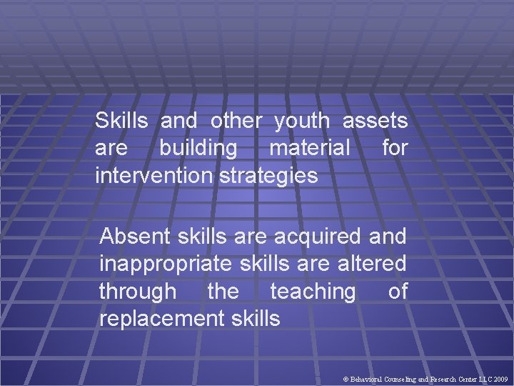 Skills and other youth assets are building material for intervention strategies Absent skills are