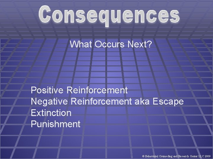 What Occurs Next? Positive Reinforcement Negative Reinforcement aka Escape Extinction Punishment © Behavioral Counseling