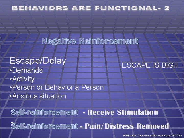 Escape/Delay • Demands • Activity • Person or Behavior a Person • Anxious situation