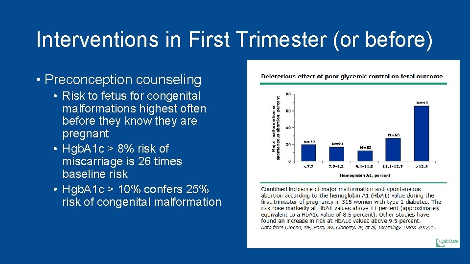 Interventions in First Trimester (or before) • Preconception counseling • Risk to fetus for