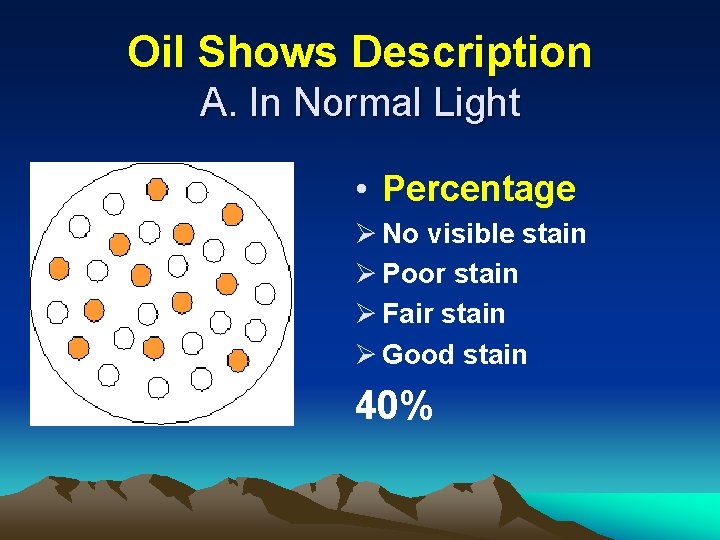 Oil Shows Description A. In Normal Light • Percentage Ø No visible stain Ø