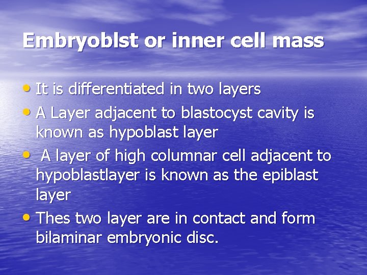 Embryoblst or inner cell mass • It is differentiated in two layers • A