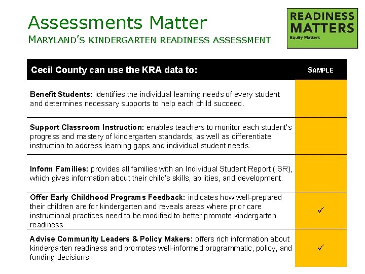 Assessments Matter MARYLAND’S KINDERGARTEN READINESS ASSESSMENT Cecil County can use the KRA data to: