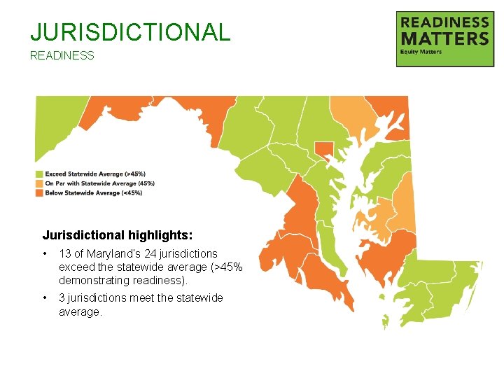 JURISDICTIONAL READINESS Jurisdictional highlights: • 13 of Maryland’s 24 jurisdictions exceed the statewide average