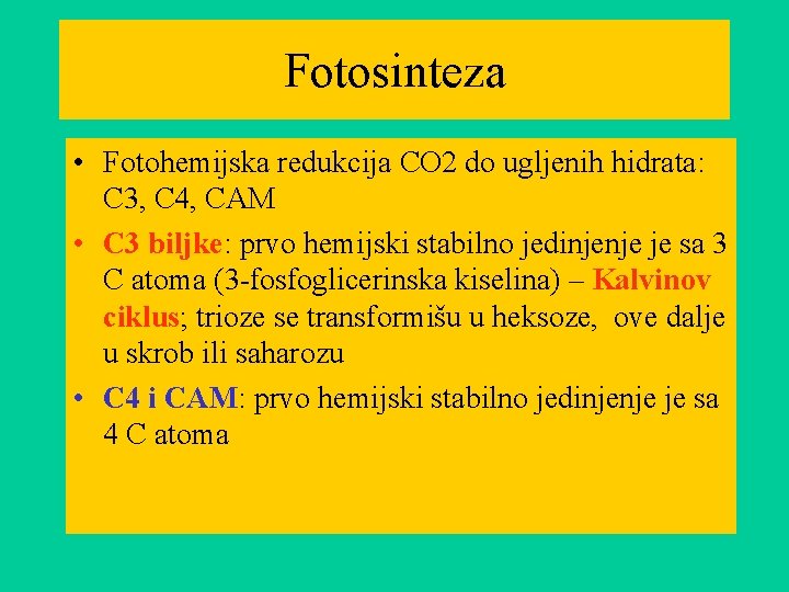 Fotosinteza • Fotohemijska redukcija CO 2 do ugljenih hidrata: C 3, C 4, CAM