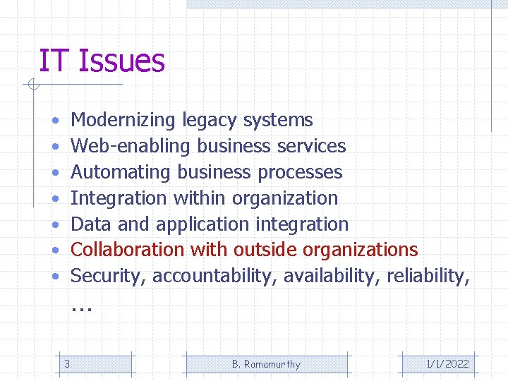 IT Issues Modernizing legacy systems Web-enabling business services Automating business processes Integration within organization