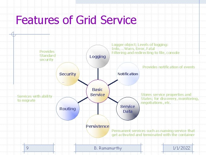 Features of Grid Service Provides Standard security Logging Logger object; Levels of logging: Info,