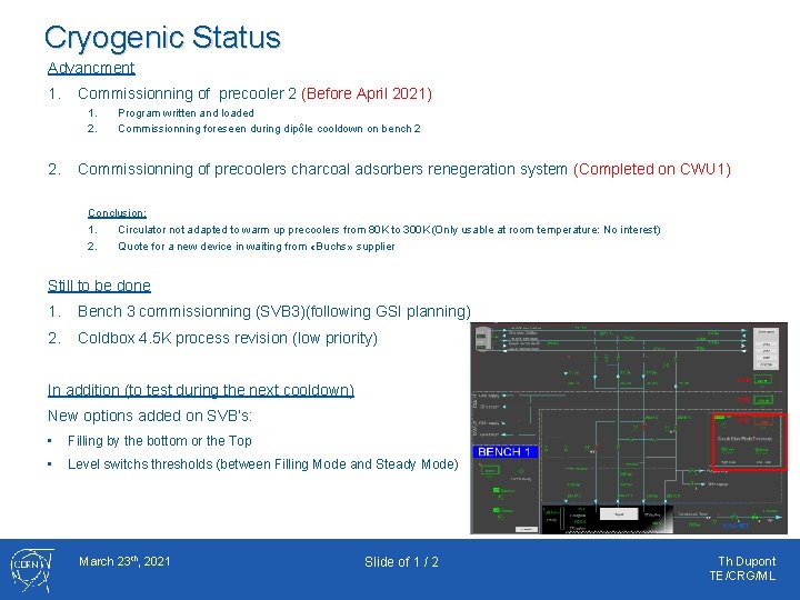 Cryogenic Status Advancment 1. Commissionning of precooler 2 (Before April 2021) 1. 2. Program