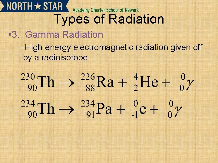 Types of Radiation • 3. Gamma Radiation –High-energy electromagnetic radiation given off by a