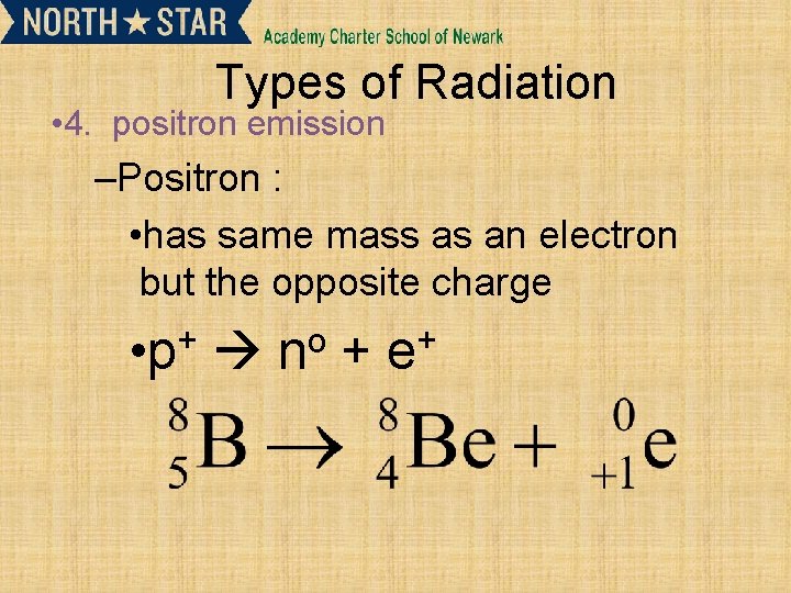 Types of Radiation • 4. positron emission –Positron : • has same mass as