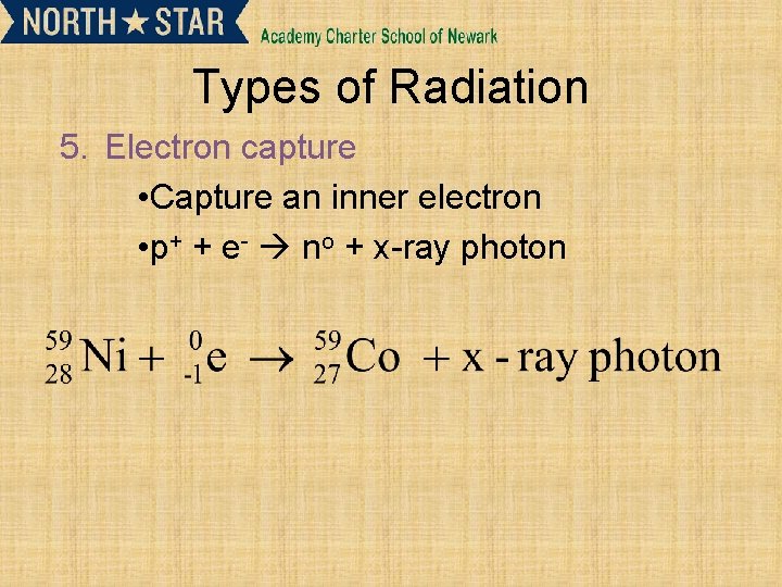 Types of Radiation 5. Electron capture • Capture an inner electron • p+ +