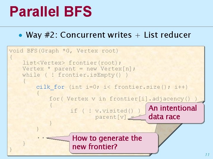 Parallel BFS ∙ Way #2: Concurrent writes + List reducer void BFS(Graph *G, Vertex