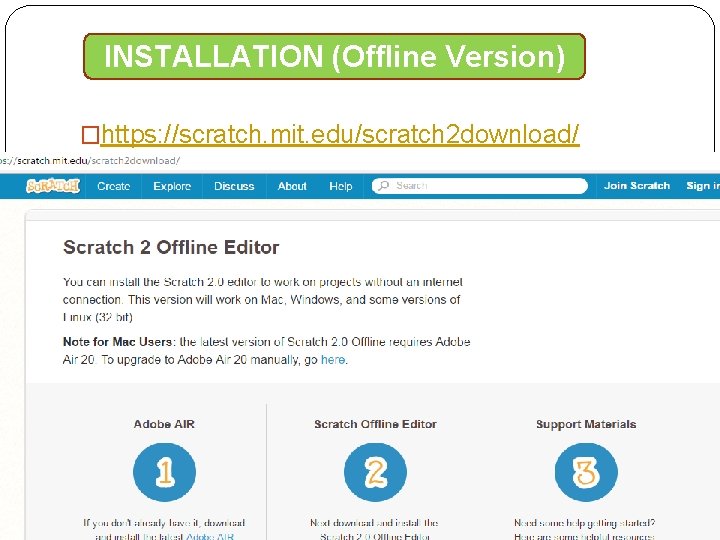INSTALLATION (Offline Version) �https: //scratch. mit. edu/scratch 2 download/ 