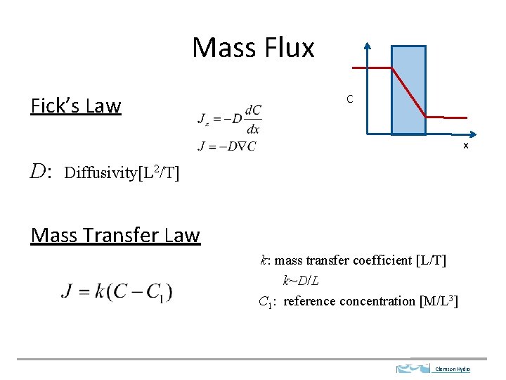 Mass Flux Fick’s Law C x D: Diffusivity[L 2/T] Mass Transfer Law k: mass