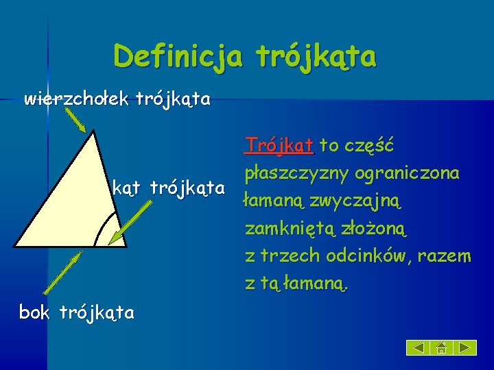 Definicja trójkąta wierzchołek trójkąta Trójkąt to część płaszczyzny ograniczona kąt trójkąta łamaną zwyczajną zamkniętą