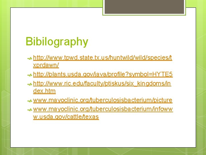Bibilography http: //www. tpwd. state. tx. us/huntwild/species/t xprdawn/ http: //plants. usda. gov/java/profile? symbol=HYTE 5